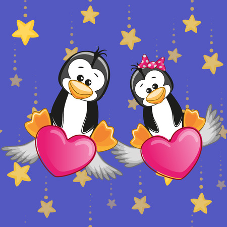 Valentine card with Lovers Penguins on the flying heartsのイラスト素材