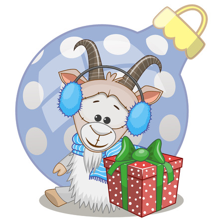 Goat in a fur headphones with giftのイラスト素材