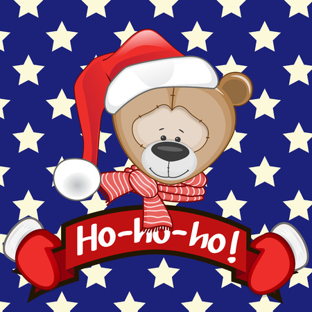 Christmas illustration of cartoon Bear in a Santa's hat on a stars  backgroundのイラスト素材