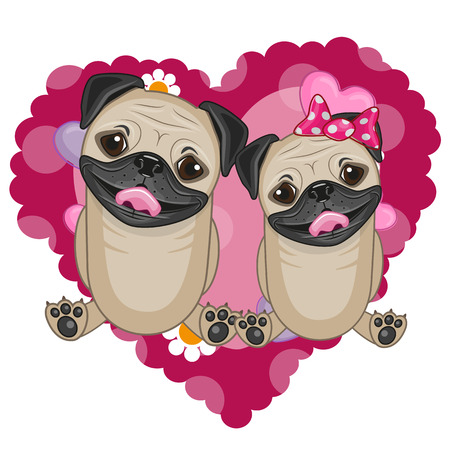 Two Pug Dogs on a background of heartのイラスト素材