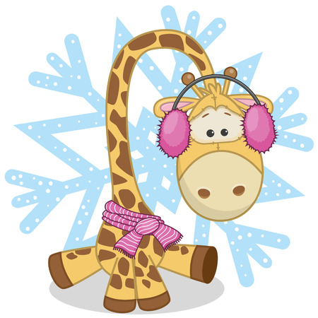 Giraffe in a fur headphones on the background of snowflakeのイラスト素材