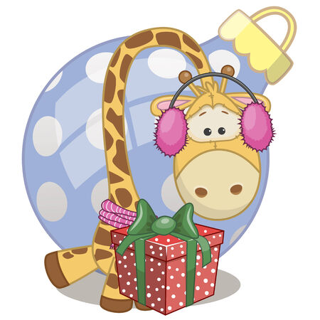 Giraffe in a fur headphones with giftのイラスト素材