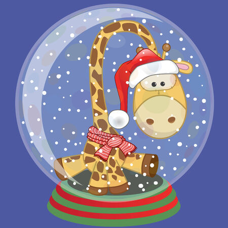 Christmas illustration of cartoon Giraffe in a Santa's hat in a glass bowlのイラスト素材
