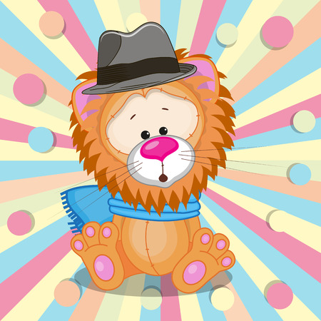 Cute Lion wearing a scarf and hat on a colored backgroundのイラスト素材
