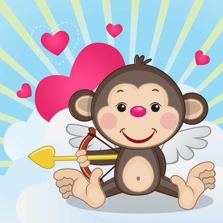 Cupid Monkey with a bow on a background of clouds and heartsのイラスト素材