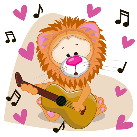 Lion with a guitar on background music and heartsのイラスト素材