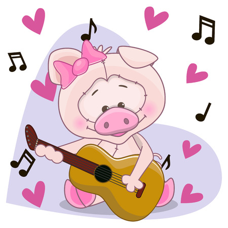 Pig with a guitar on background music and heartsのイラスト素材