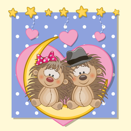 Valentine card with Lovers Hedgehogs on the moonのイラスト素材