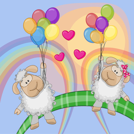 Valentine card with Lovers Sheep flying on balloonsのイラスト素材