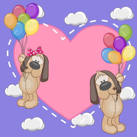 Valentine card with Lovers Dogs flying on balloonsのイラスト素材