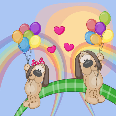 Valentine card with Lovers Dogs flying on balloonsのイラスト素材
