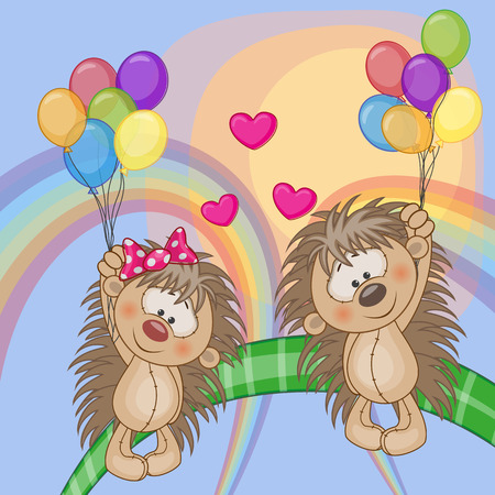 Valentine card with Lovers Hedgehogs flying on balloonsのイラスト素材