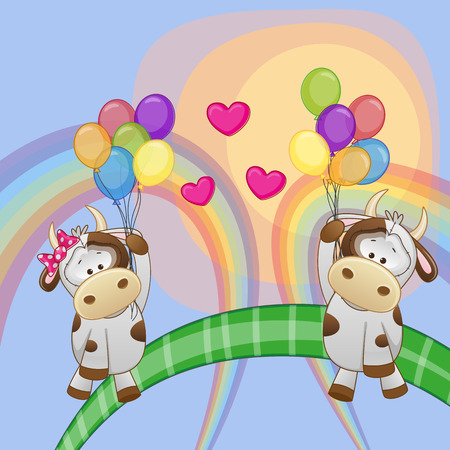 Valentine card with Lovers Cows flying on balloonsのイラスト素材