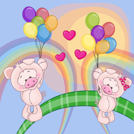 Valentine card with Lovers Pigs flying on balloonsのイラスト素材