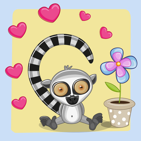 Greeting card Lemur with heart and flowerのイラスト素材