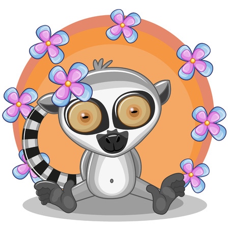 Greeting card Lemur with flowersのイラスト素材