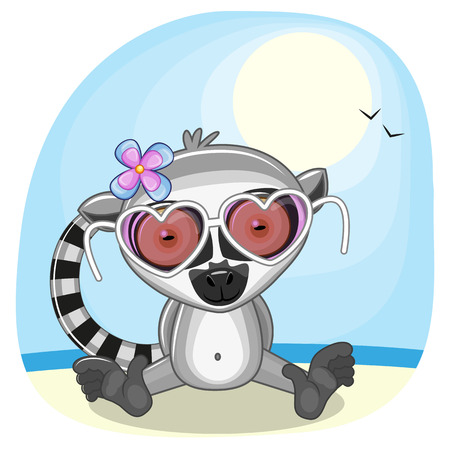 Cute Lemur girl in sunglasses on the beachのイラスト素材