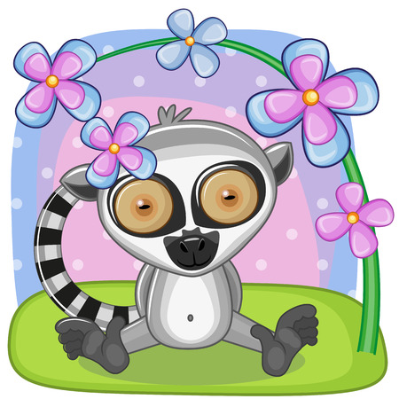 Greeting card Lemur with flowersのイラスト素材