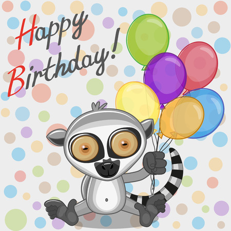 Greeting card Lemur with balloonsのイラスト素材
