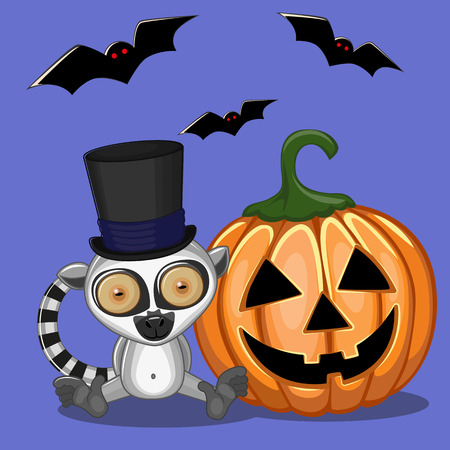 Halloween illustration of Cartoon Lemur with pumpkinのイラスト素材
