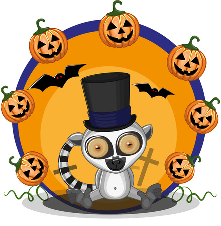 Halloween illustration of Cartoon Lemur with pumpkinのイラスト素材