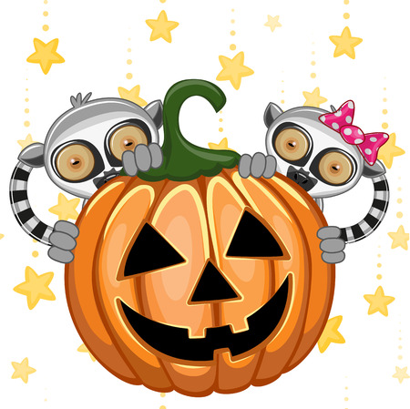 Halloween illustration two Cartoon Lemurs with pumpkinsのイラスト素材
