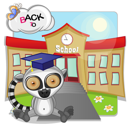 Cartoon Lemur is sitting in the background of the schoolのイラスト素材