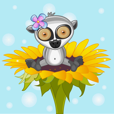 Cute cartoon Lemur on the flowerのイラスト素材