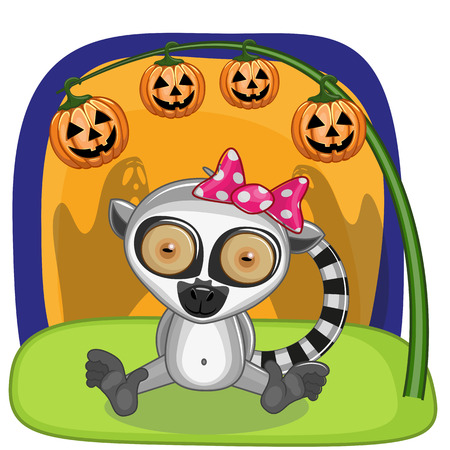 Halloween illustration of Cartoon Lemur with pumpkinのイラスト素材
