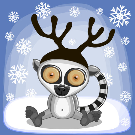 Christmas illustration of cartoon Lemur with antlersのイラスト素材