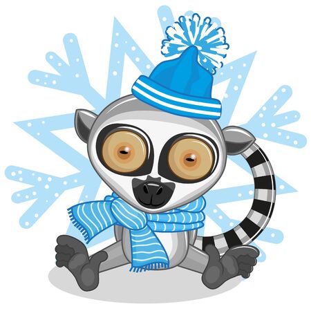 Lemur in a hat on the background of snowflakeのイラスト素材