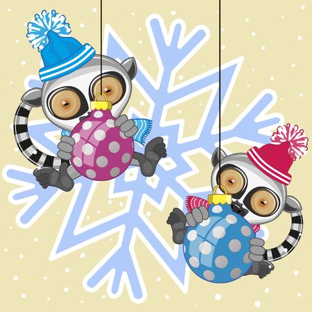 Two Lemurs in a hat on the background of snowflakeのイラスト素材