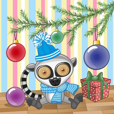 Cute Lemur under the Christmas treeのイラスト素材