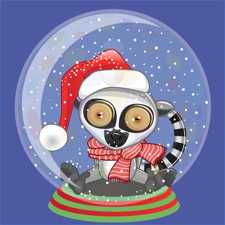 Christmas illustration of cartoon Lemur in a Santa's hat in a glass bowlのイラスト素材