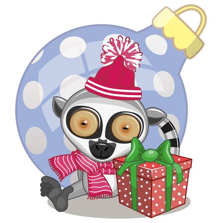 Lemur in a hat with giftのイラスト素材