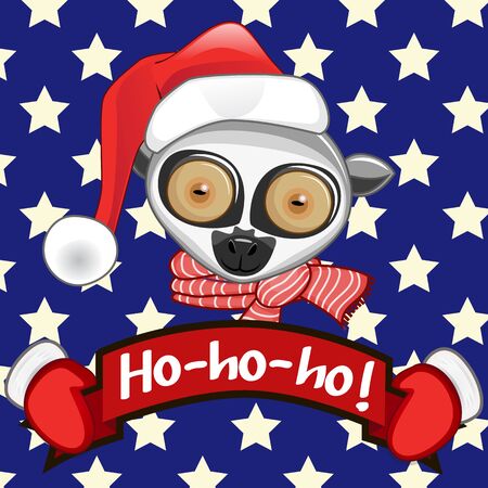 Christmas illustration of cartoon Lemur in a Santa's hat on a stars  backgroundのイラスト素材