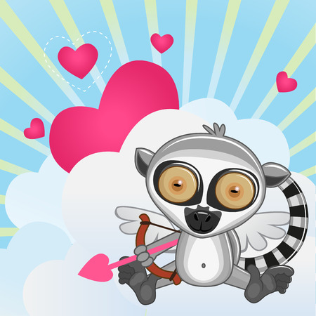 Cupid Lemur with a bow on a background of clouds and heartsのイラスト素材