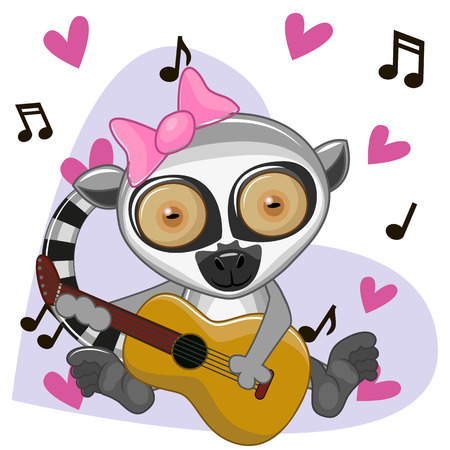 Lemur with a guitar on background music and heartsのイラスト素材