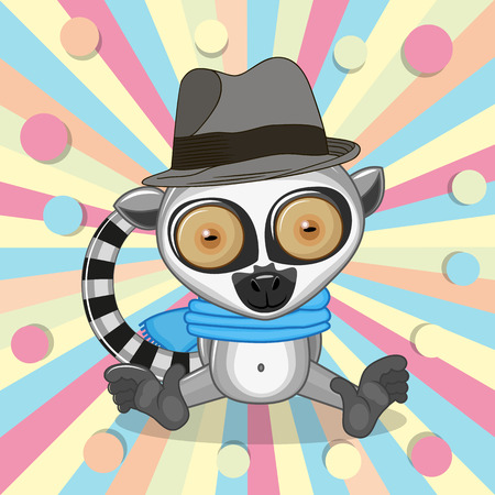 Cute Lemur wearing a scarf and hat on a colored backgroundのイラスト素材