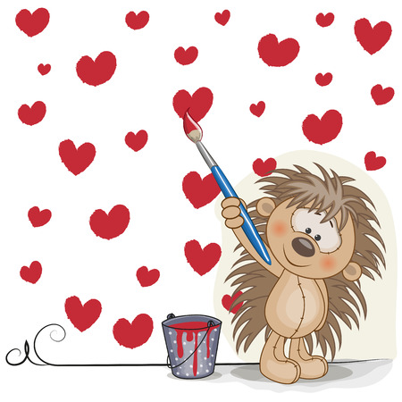 Cute Hedgehog with brush is drawing heartsのイラスト素材