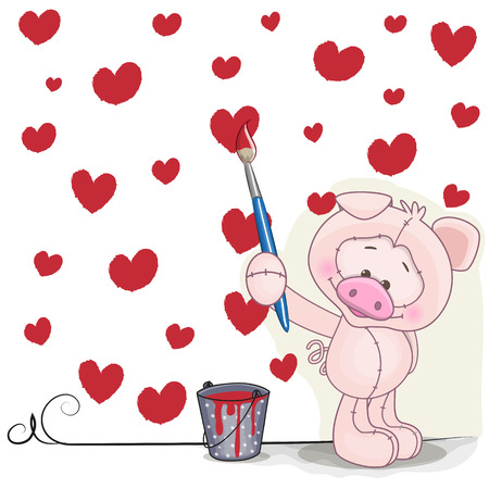 Cute Pig with brush is drawing heartsのイラスト素材