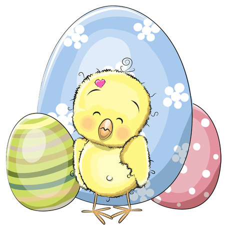 Cute chicken with three eggs on a white backgrondのイラスト素材