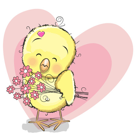Greeting card cute Chicken with flowers on the background of heartのイラスト素材