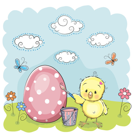 Cute chicken paint eggs on the meadowのイラスト素材