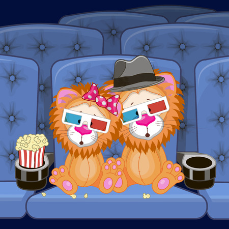 Two Cute Lions is sitting at the Cinemaのイラスト素材