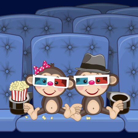 Two Cute Monkeys is sitting at the Cinemaのイラスト素材