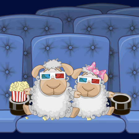 Two Cute Sheep is sitting at the Cinemaのイラスト素材