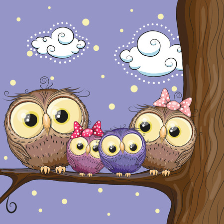 Four owls mother, father, son and daughter is sitting on a branchのイラスト素材