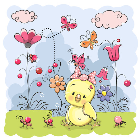Cute Cartoon Chicken on a meadow with flowers and butterfliesのイラスト素材