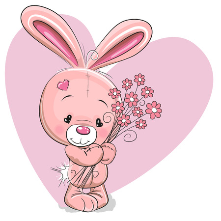 Cute Cartoon Rabbit with flowers on a heart backgroundのイラスト素材